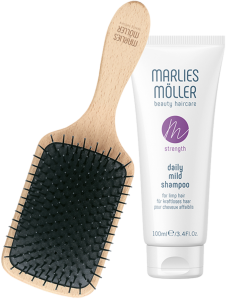 Marlies Möller Brush & Cleansing Set 1 = Travel Hair & Scalp Brush + Strength Strength Daily Mild Shampoo 100 ml