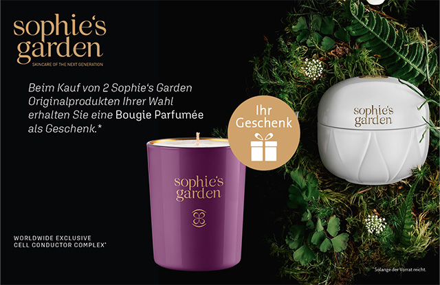 Eine Hommage an Luxus, Natur und Wissenschaft , Schönheit und Verantwortung.  SOPHIE‘S GARDEN entwickelte in fünf-jähriger Forschung den revolutionären, weltweit  exklusiven Cell Conductor Complex®. Dieser setzt dort an, wo Hautalterung beginnt –  an den 