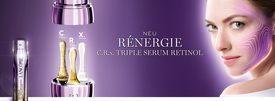 Werbung für das neue Lancôme Rénergie C.R.x. Triple Serum Retinol. Links ein Serumflakon, in der Mitte drei unterschiedliche Serumtexturen, rechts eine Frau mit strahlender Haut und violetten Linien als grafisches Element.