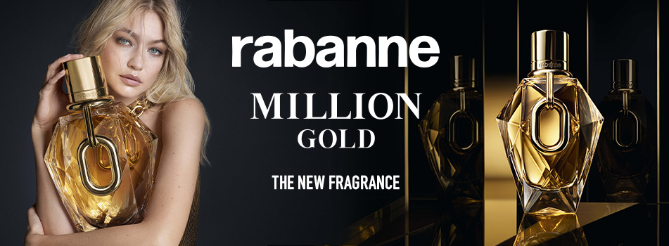 Werbeanzeige für rabanne Million Gold mit einem Model, das das Parfüm hält.